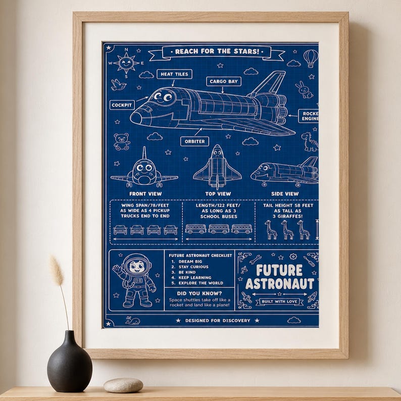 Rocket blueprint nursery print for a space themed kids room by Runway & Heirloom